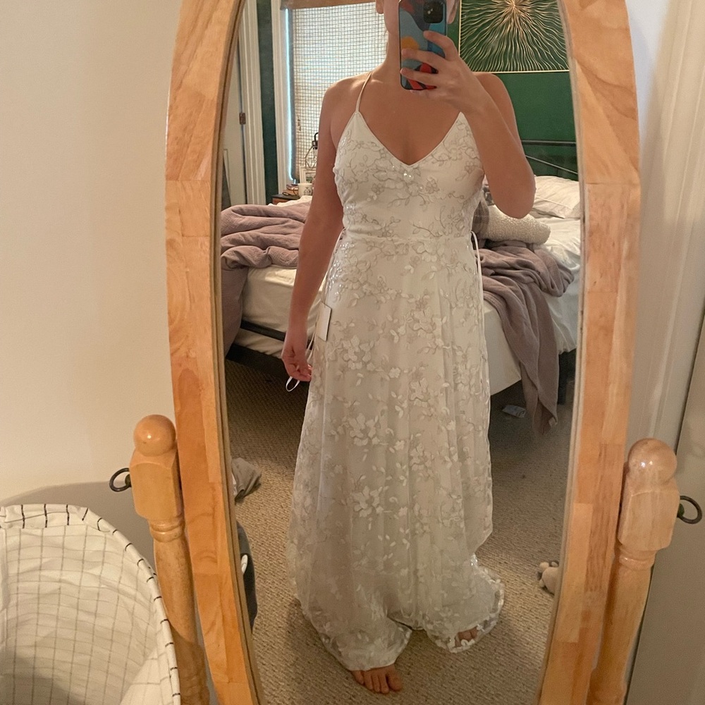 Magically Charming White Sequin Embroidered Lace-Up Maxi Dress